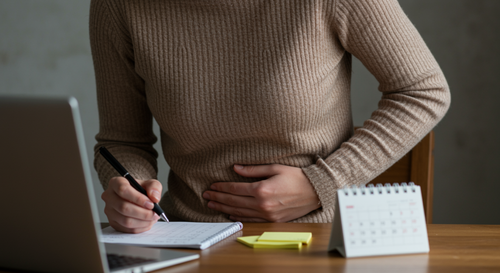 woman holding her stomache while noting symptoms