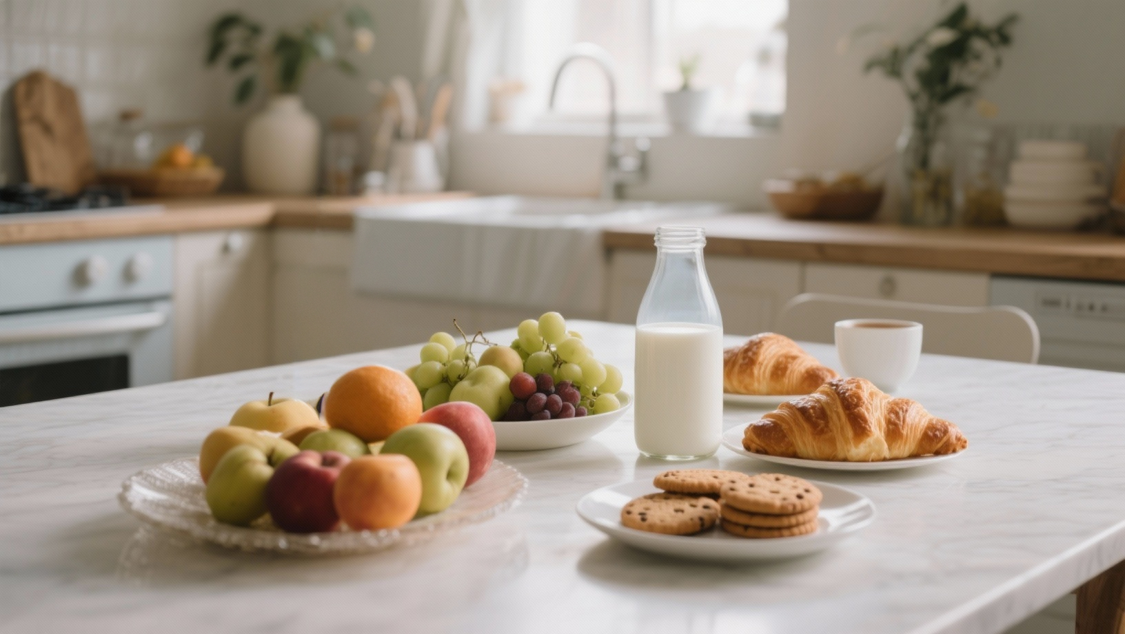 Gedeckter Frühstückstisch mit Milch, Keksen und Früchten