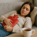Frau mit Wärmflasche und Tee
