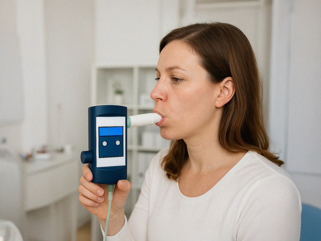 Frau pustet in H2-Atemtest Gerät