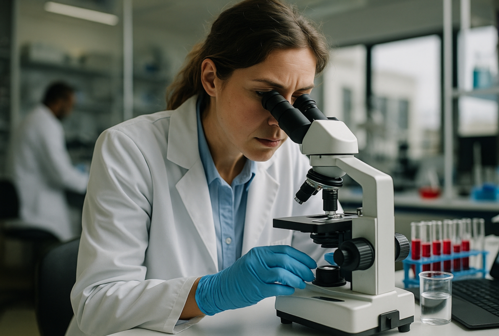 Wissenschaftlerin am Mikroskop